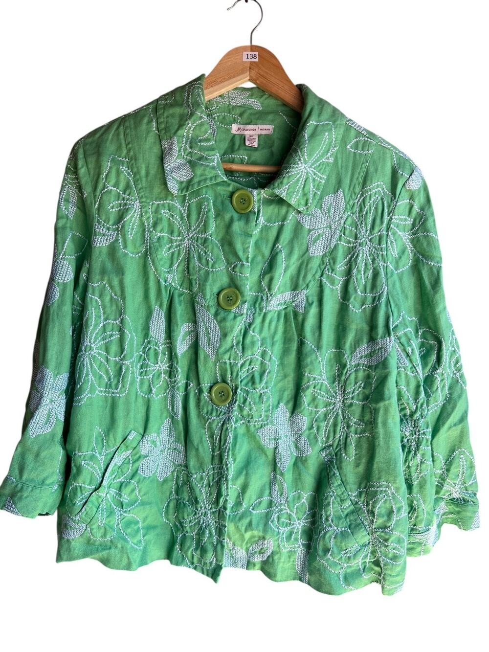 JM Collection Women's 100% Linen Floral Embroidered Jacket Green Size 18